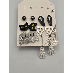 Leith Halloween Earrings, Set of Six, Black Silver, Spooky, Fun, NWT